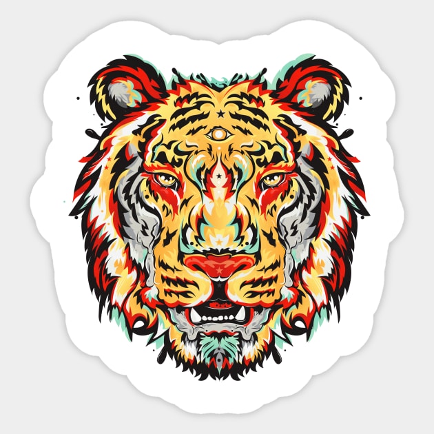 Wild Beauty: A Striking Yellow, Green and Red Tiger Design Sticker by yoaz